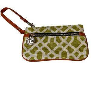 Spartina Daufuskie Island Lime Green Pattern Linen and  Leather Zip  Wristlet‎